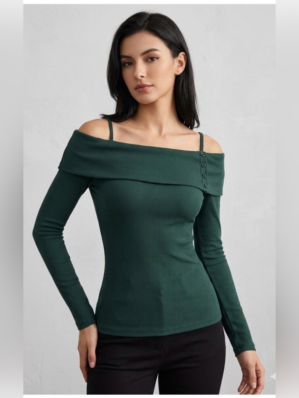 Doe Rae Green Long sleeve off the shoulder shirt button detail ribbed Size Small
